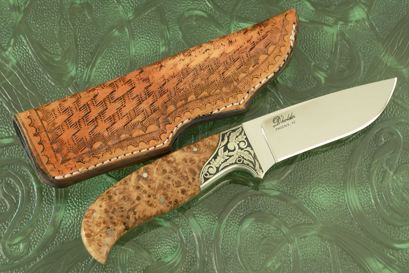 Engraved Drop Point Hunter with Maple Burl