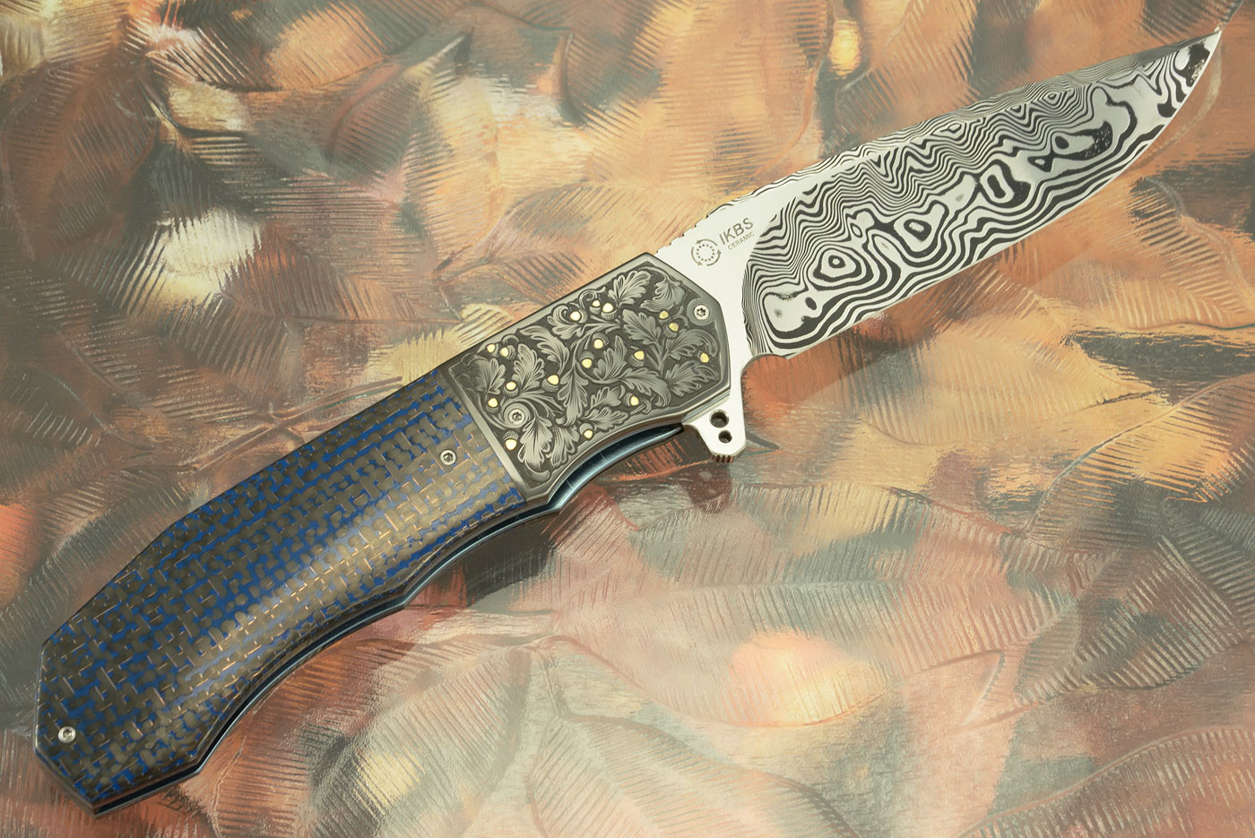 L44 Flipper with Damascus, Blue Lightning Strike Carbon Fiber, and Engraved Zirconium with Gold Inlay (Ceramic IKBS) - LEFT HANDED!!