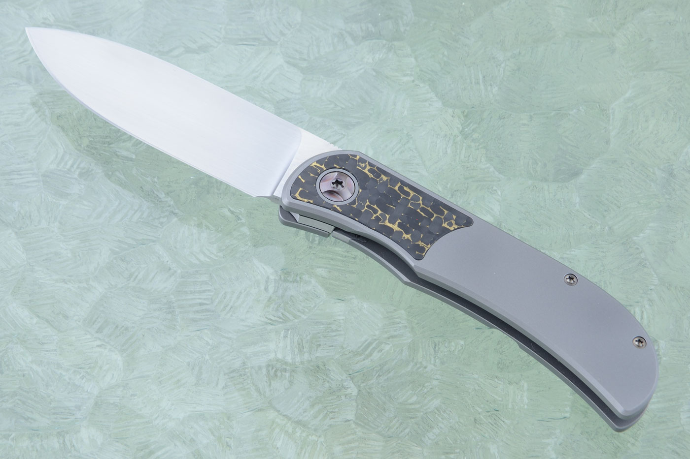 LEXK SFL Framelock Front Flipper with Gold Snakeskin FatCarbon Inlay - Satin Finish, Drop Point
