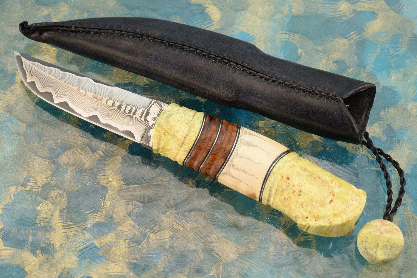 San Mai Damascus Swedish Hunting Knife with Maple Burl, Ironwood, and Mammoth Ivory