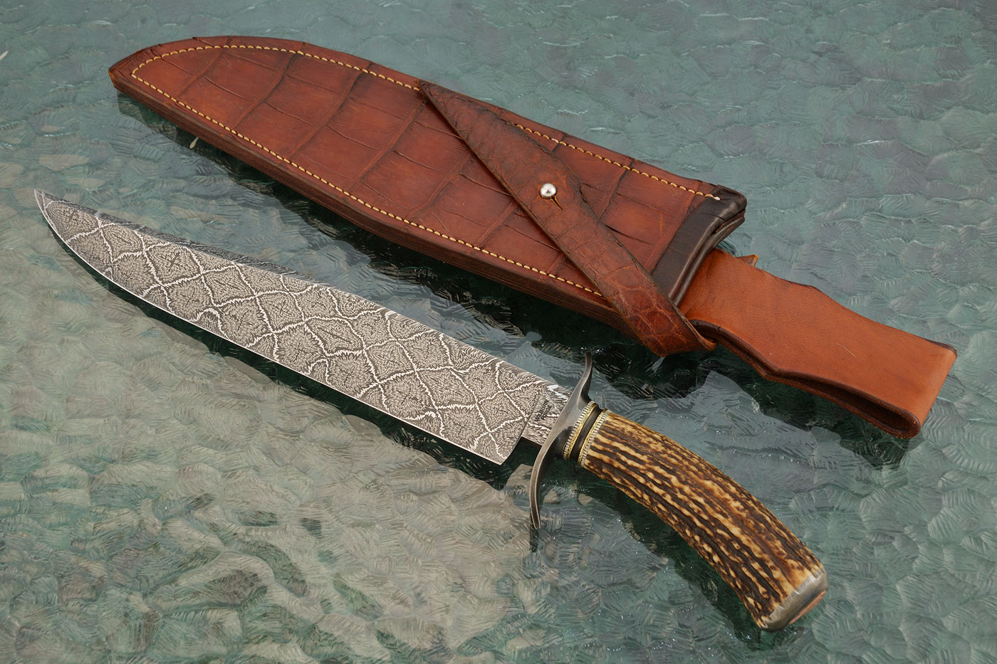 Mosaic Damascus Bowie with Sambar Stag