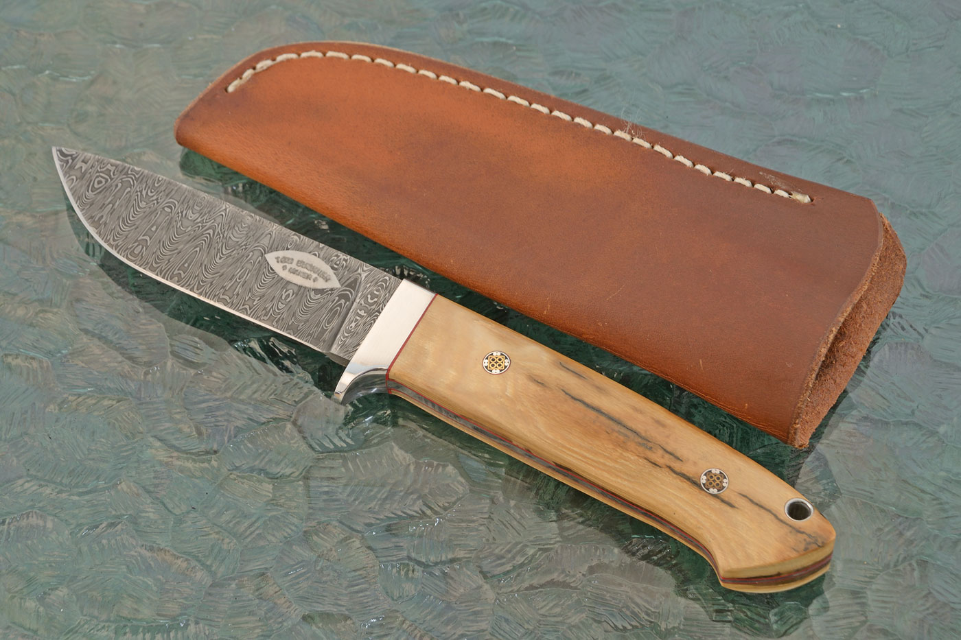 Damascus Loveless-Style Drop Point Hunter with Mammoth Ivory