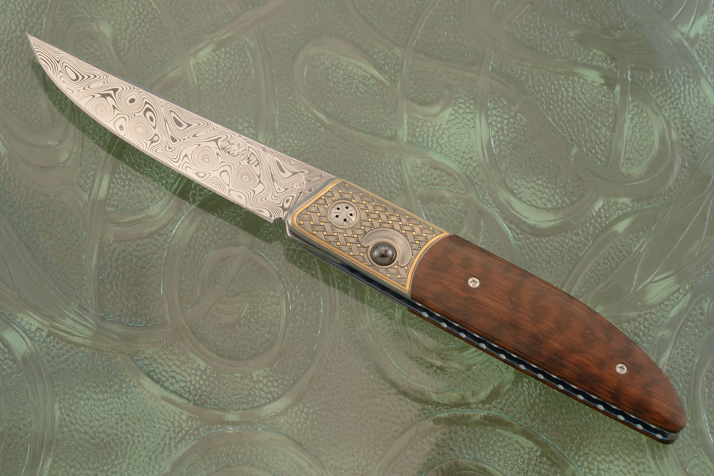 Large Ball Release Front Flipper with Snakewood, Damascus, and Engraved Zirconium