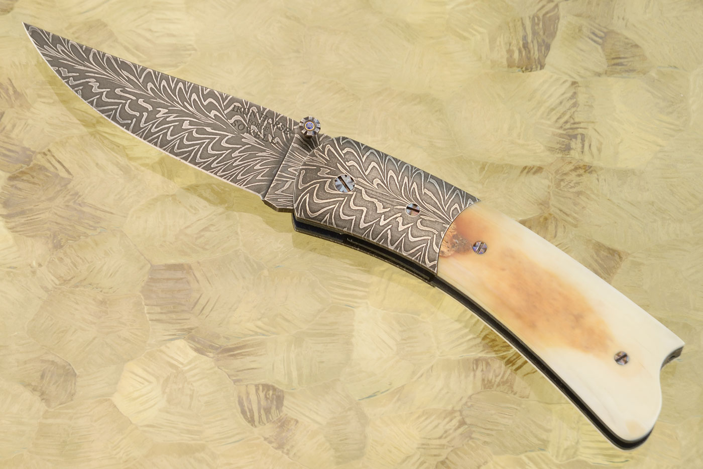 Feather Damascus Folder with Ancient Walrus Ivory