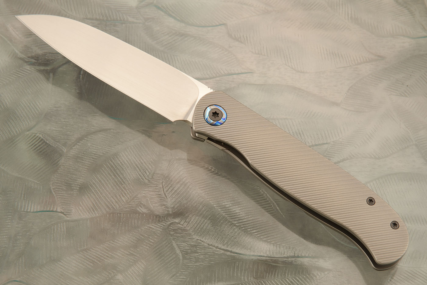 Atlas CFL Framelock Front Flipper with Titanium and Timascus - Satin Finish, Sheepsfoot - Elmax
