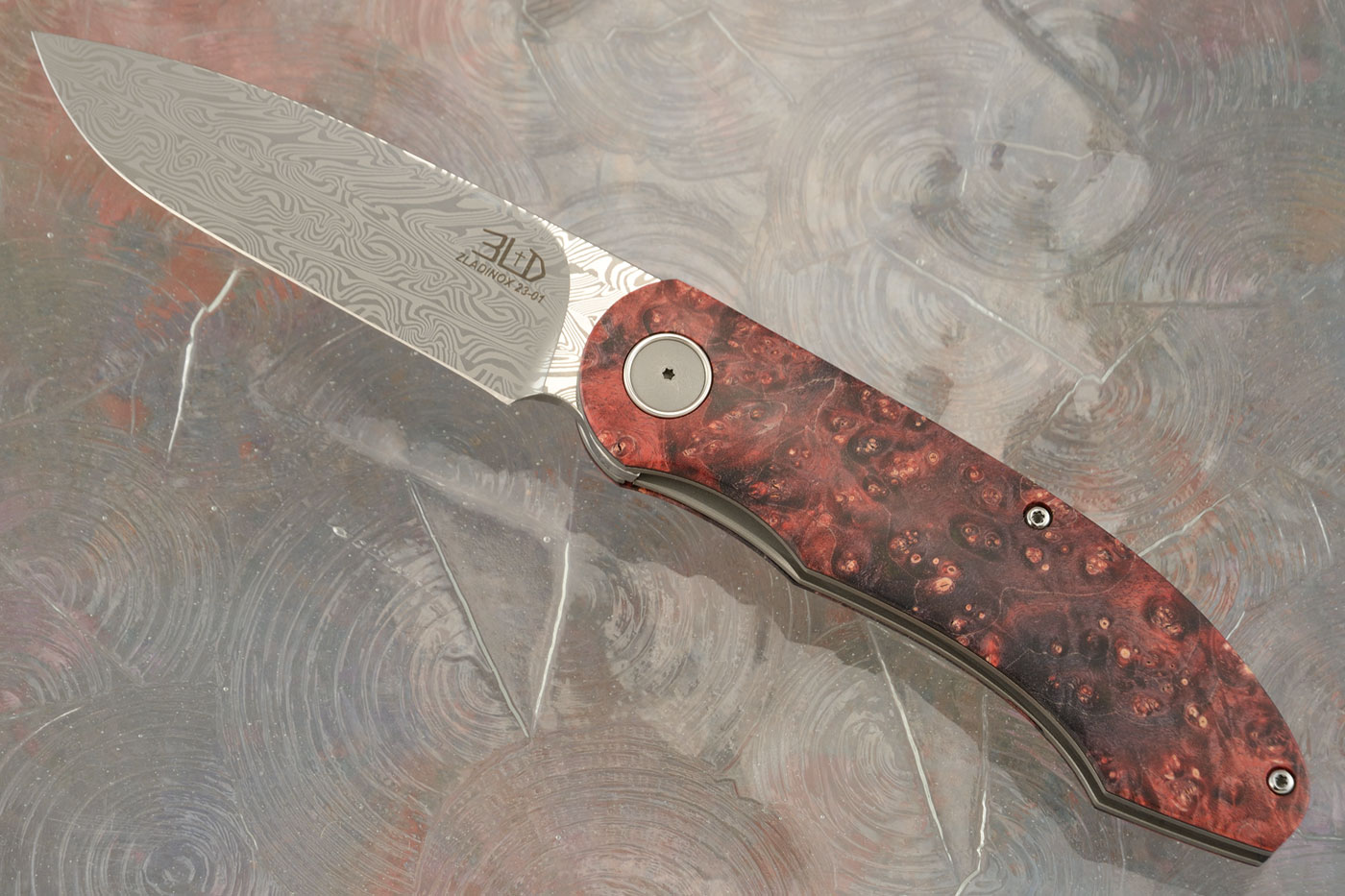 G8 Front Flipper with Maple Burl - Stainless Damascus