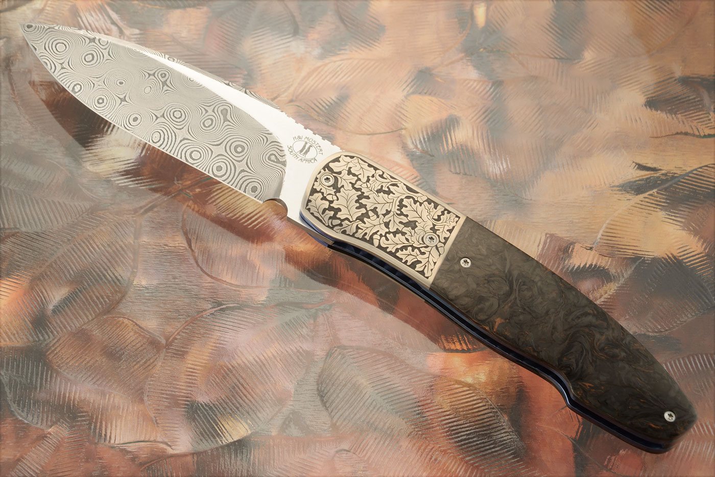 HI-06 Engraved Front Flipper with Damascus and Copper Dark Matter FatCarbon (Ceramic IKBS)