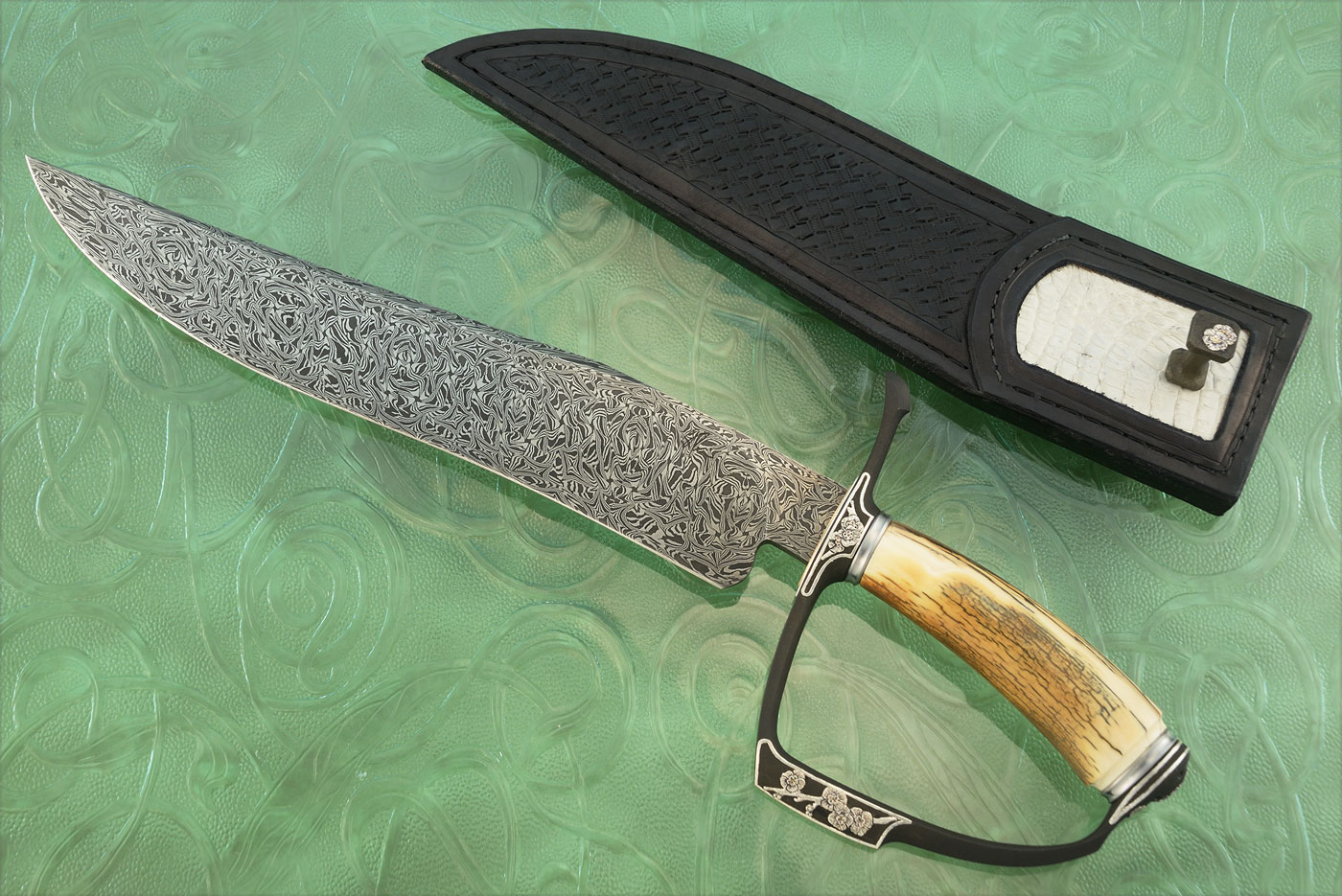 Engraved D-Guard Bowie with Mosaic Damascus and Mammoth Ivory