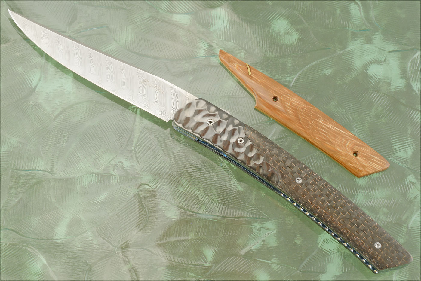 Thiers Model 10 Linerlock with Damasteel and Lighting Strike Carbon Fiber - Extra Mammoth Ivory Scales Included!