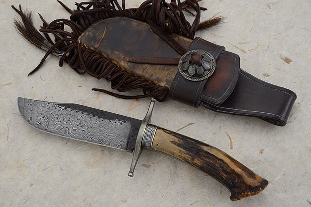 Damascus Bowie with Crown Stag
