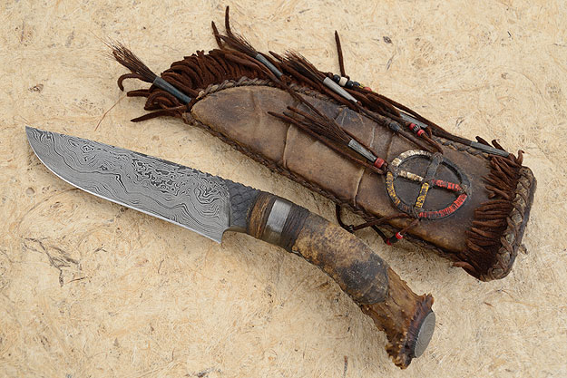 Medicine Wheel Damascus Belt Knife with Crown Stag