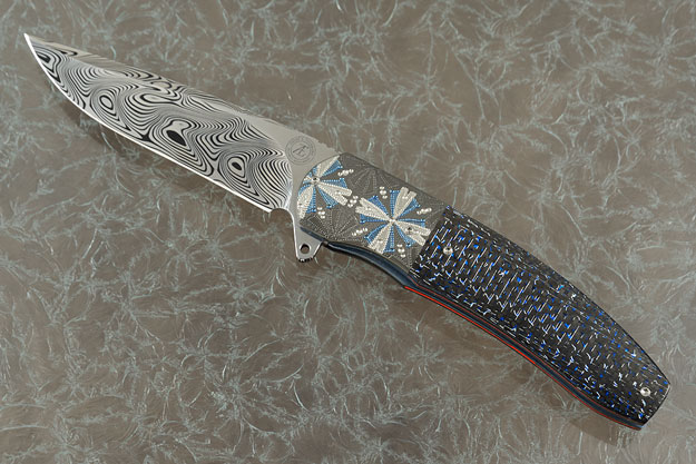 L54 Flipper with Damascus, Blue/Silver Carbon Fiber and Engraved Zirconium (IKBS)