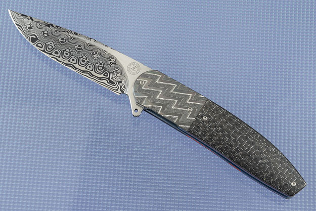 L28M Flipper with Damascus, Silver Strike Carbon Fiber and Engraved Zirconium (Ceramic IKBS)