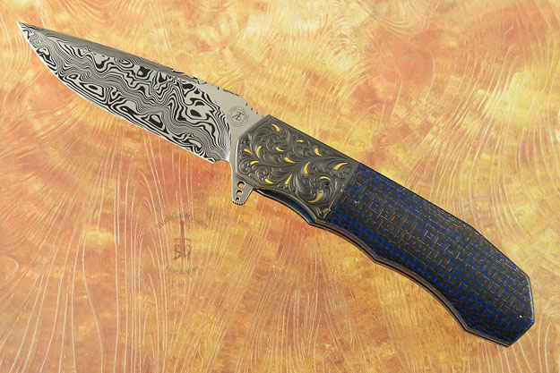 L44M Flipper with Damascus, Lightning Strike Carbon Fiber and Zirconium - Engraved with Gold Inlay (Ceramic IKBS)