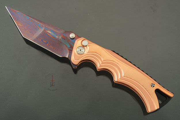 Tighe Fighter Tanto Button Lock Flipper with Damasteel and Copper