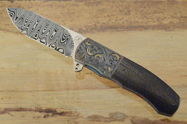 L46 Flipper with Damascus, Blue Carbon Fiber and Zirconium - Engraved with Gold Inlay (Ceramic IKBS)